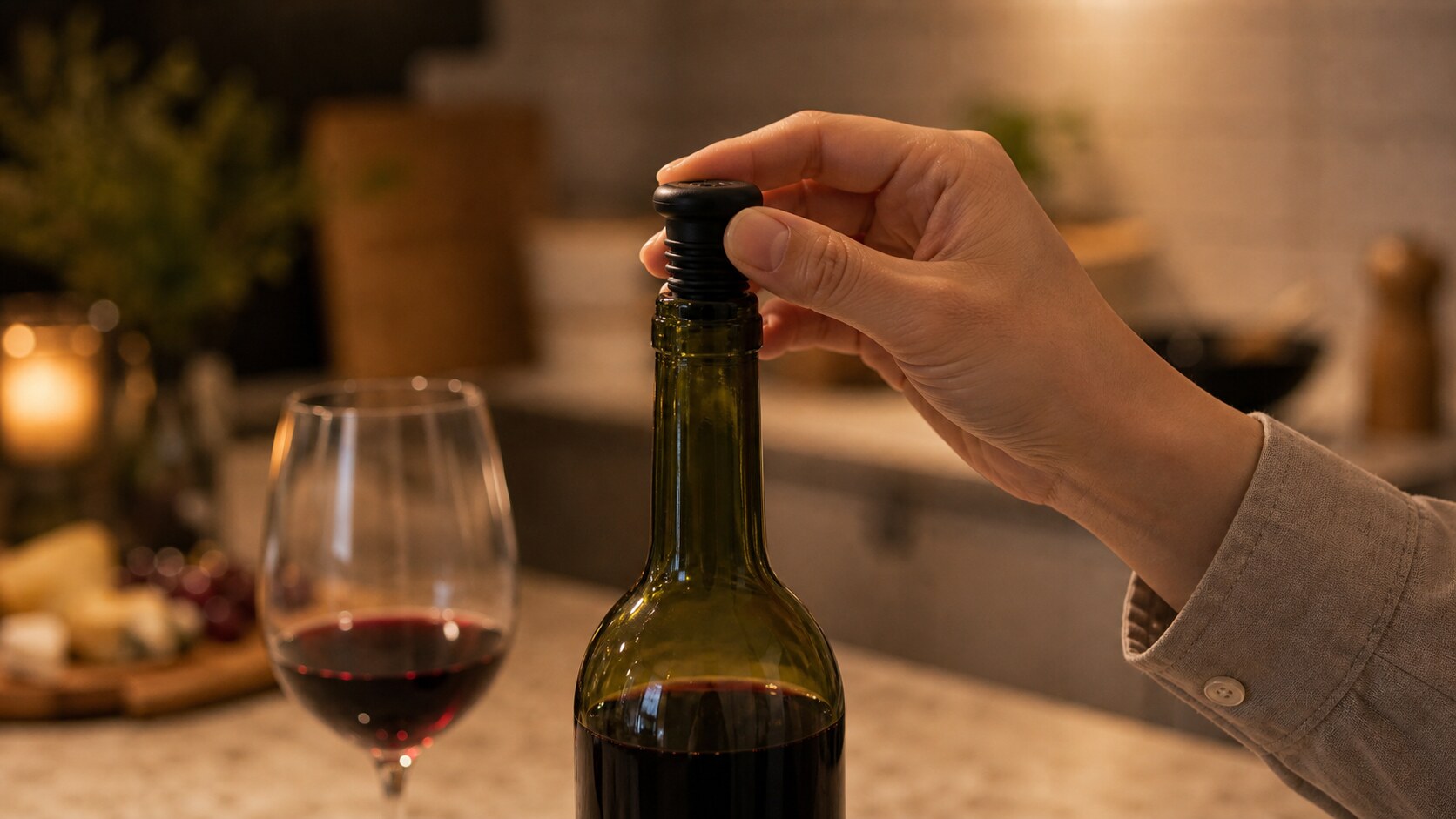 飲み残したワインに真空ストッパーを使う手元